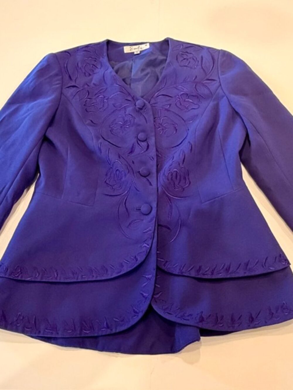 Vintage Emily Purple Embroidered Blazer Jacket Womens Floral Button Front
